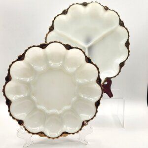 Anchor Hocking Milk Glass Divided Relish Tray And Deviled Egg Plate Gold Trim